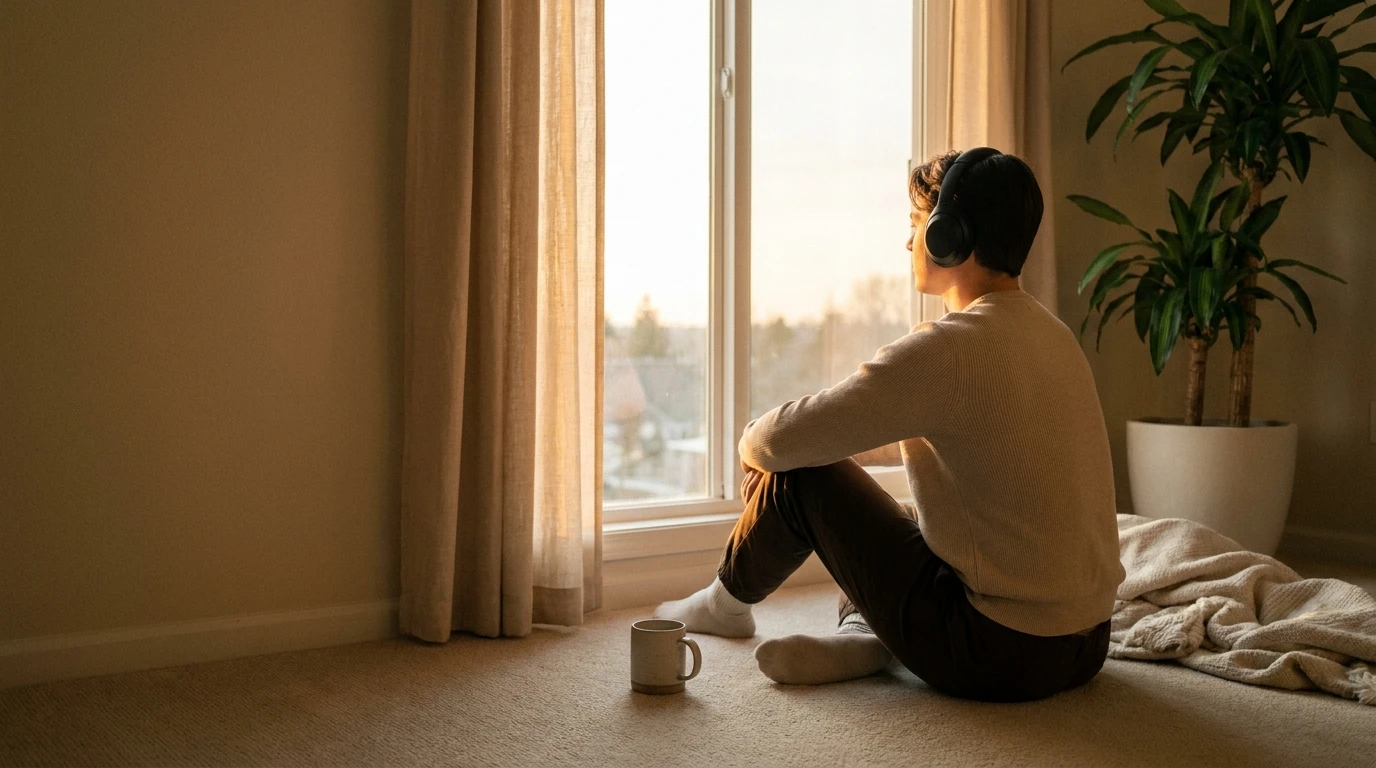 Persona sentada junto a una ventana al atardecer, escuchando con auriculares