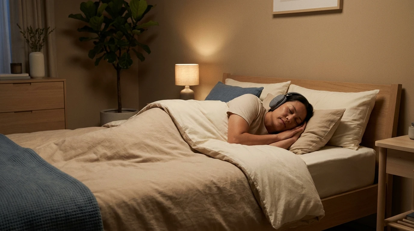 Persona durmiendo tranquila en un dormitorio en penumbra, con auriculares de dormir