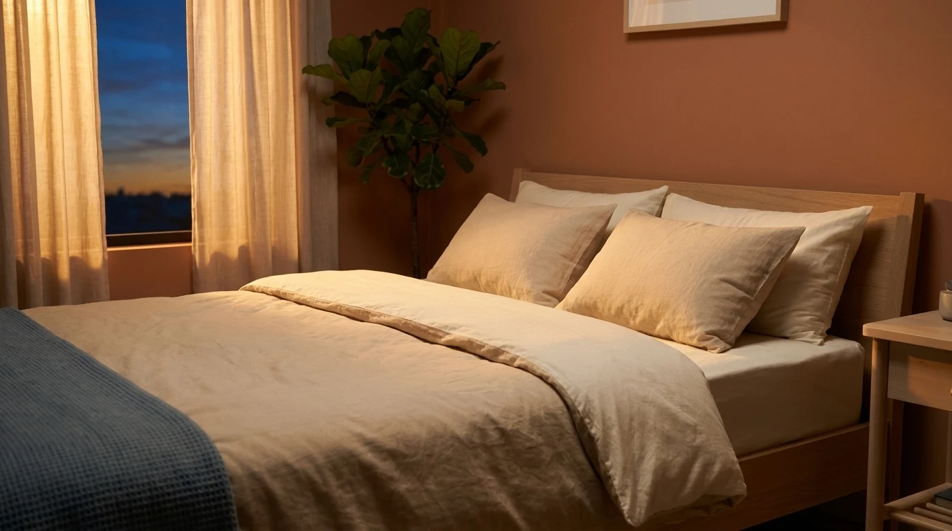 Cama tendida junto a una ventana con cortinas de lino, en penumbra cálida al anochecer