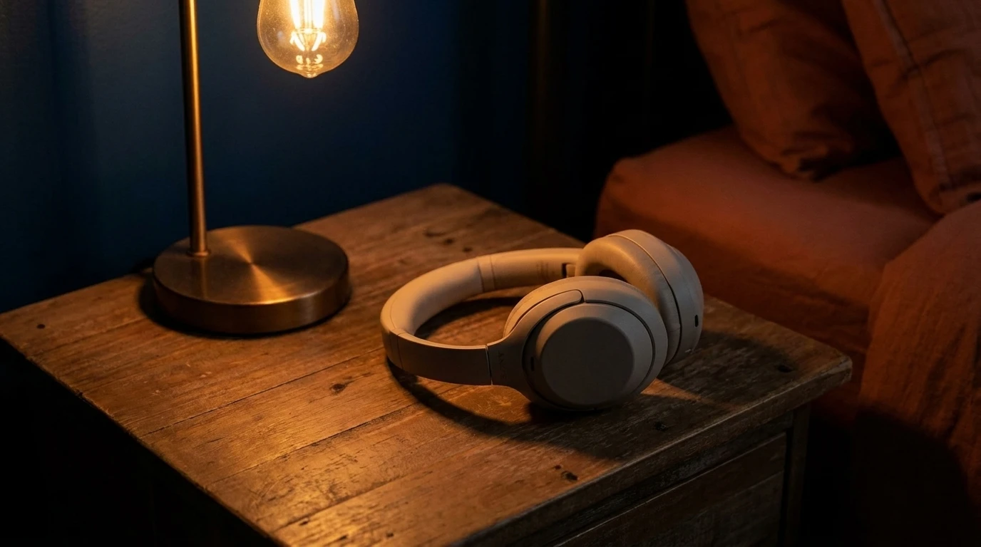 Auriculares apoyados sobre una mesa de luz junto a un teléfono, en penumbra