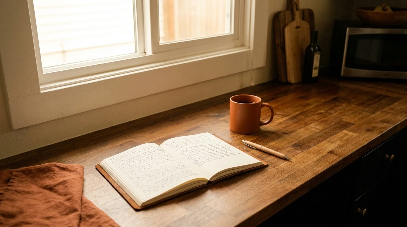 Escritorio de madera ordenado junto a una ventana, con un cuaderno abierto y una taza, luz cálida de día