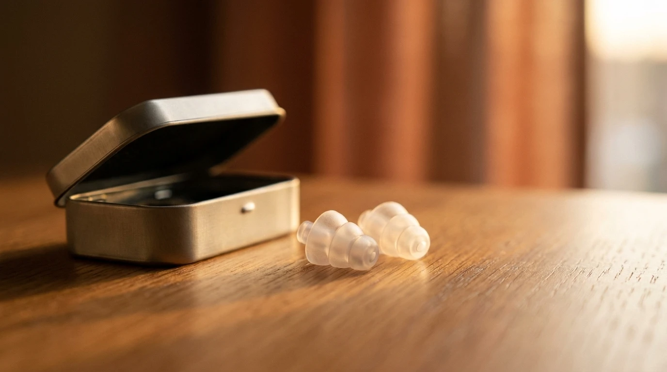 Tapones de oído de silicona sobre una mesa de madera, junto a un estuche abierto