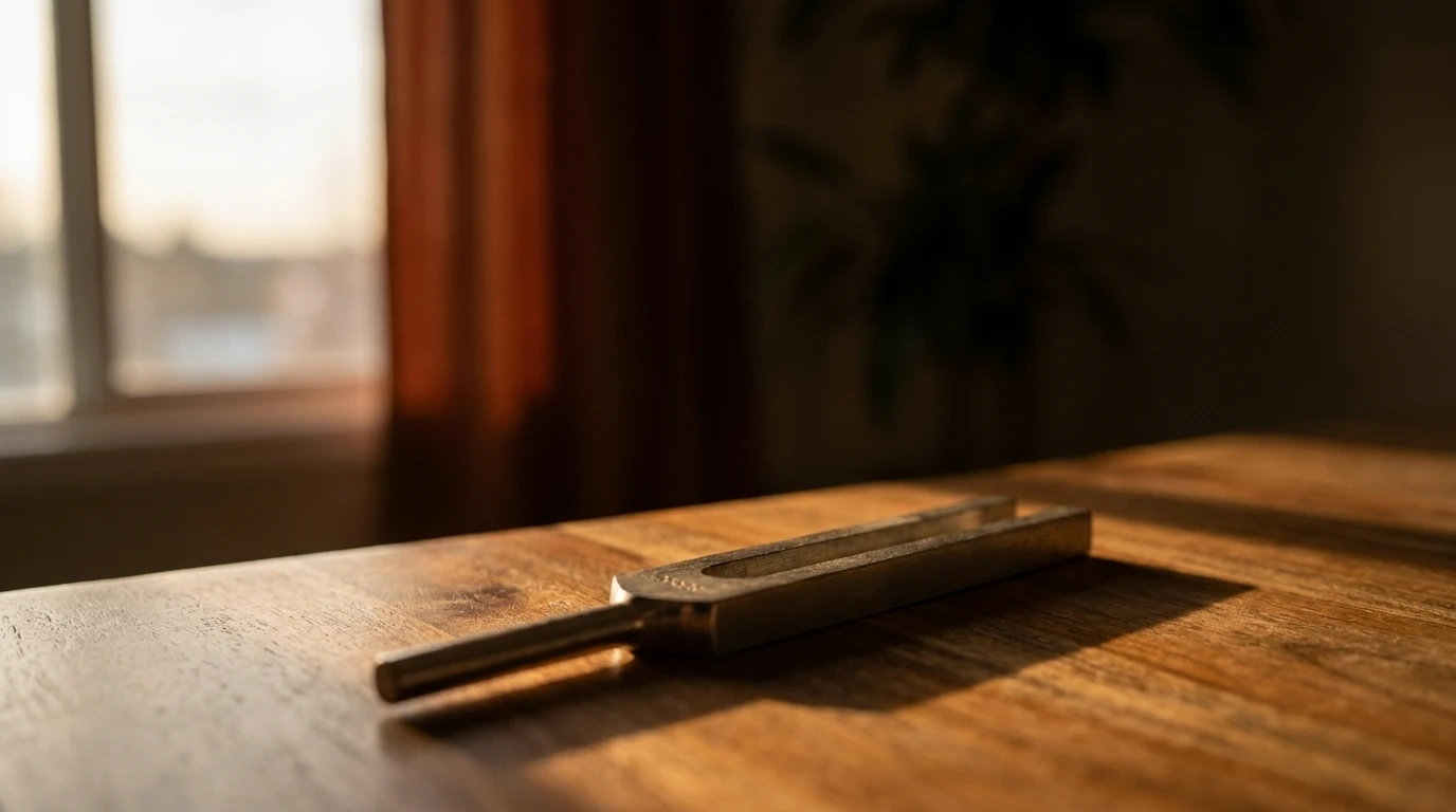 Diapasón de metal apoyado sobre una mesa de madera cálida, con luz suave lateral
