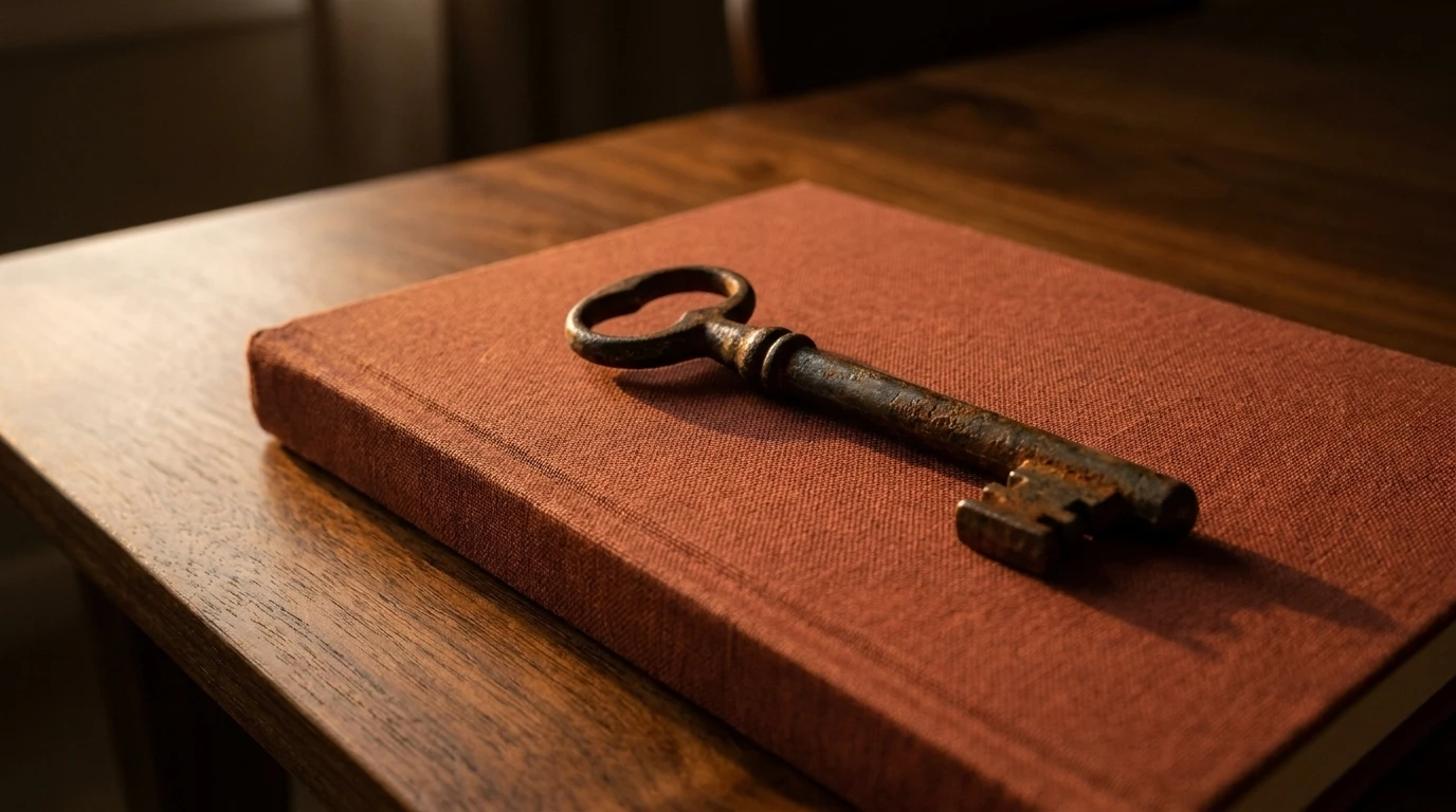 Una llave antigua de bronce apoyada sobre un cuaderno cerrado, en una mesa de madera con luz cálida