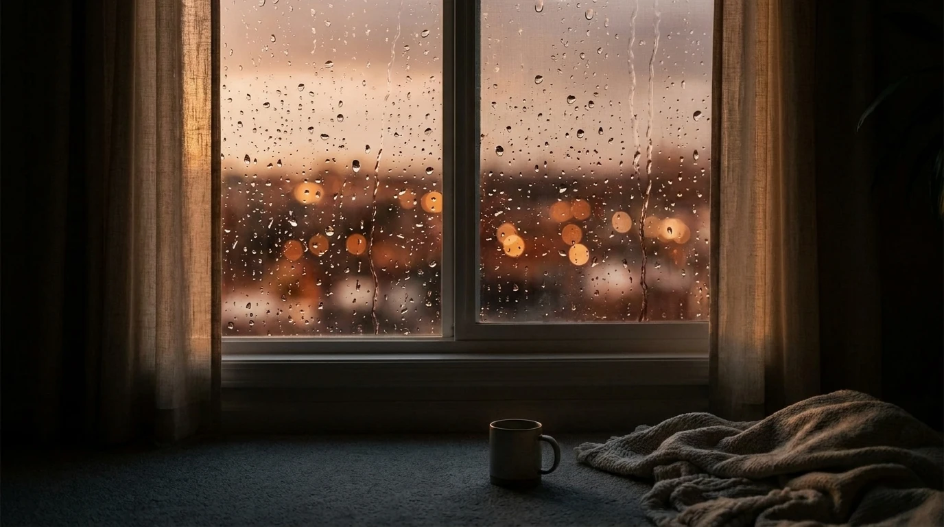 Bosque visto a través de una ventana empañada por la lluvia, con gotas resbalando por el vidrio