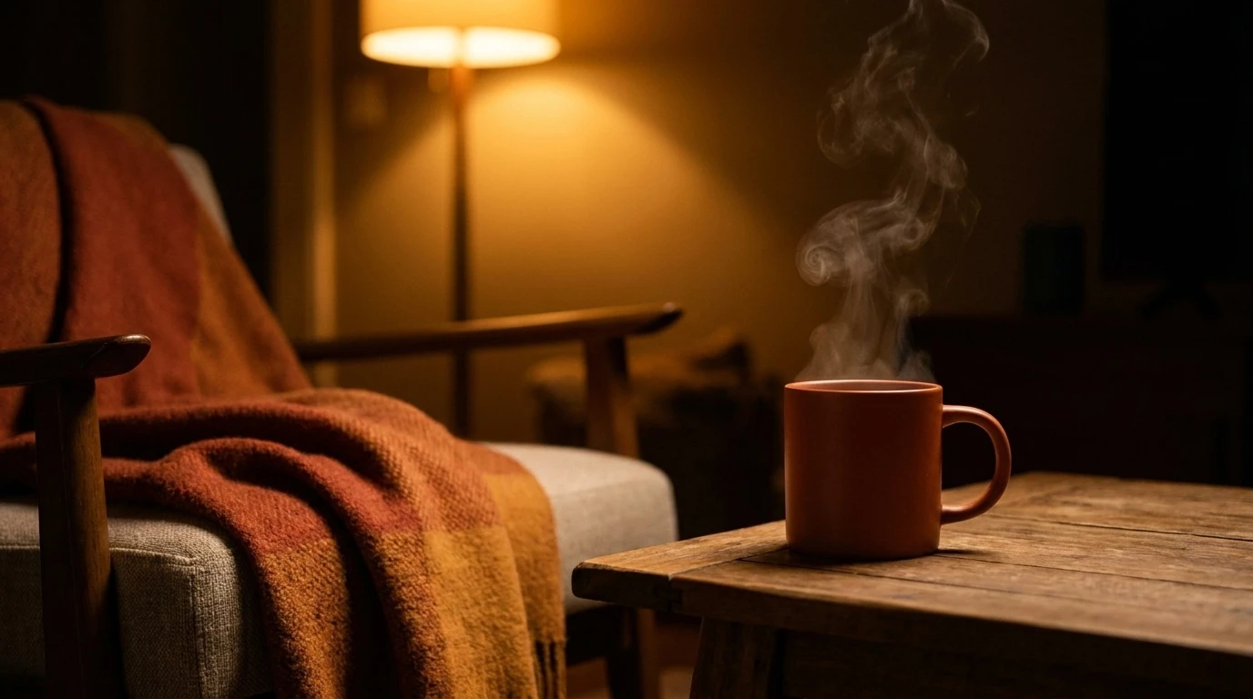 Taza humeante sobre una mesa baja junto a un sillón, en penumbra cálida de noche