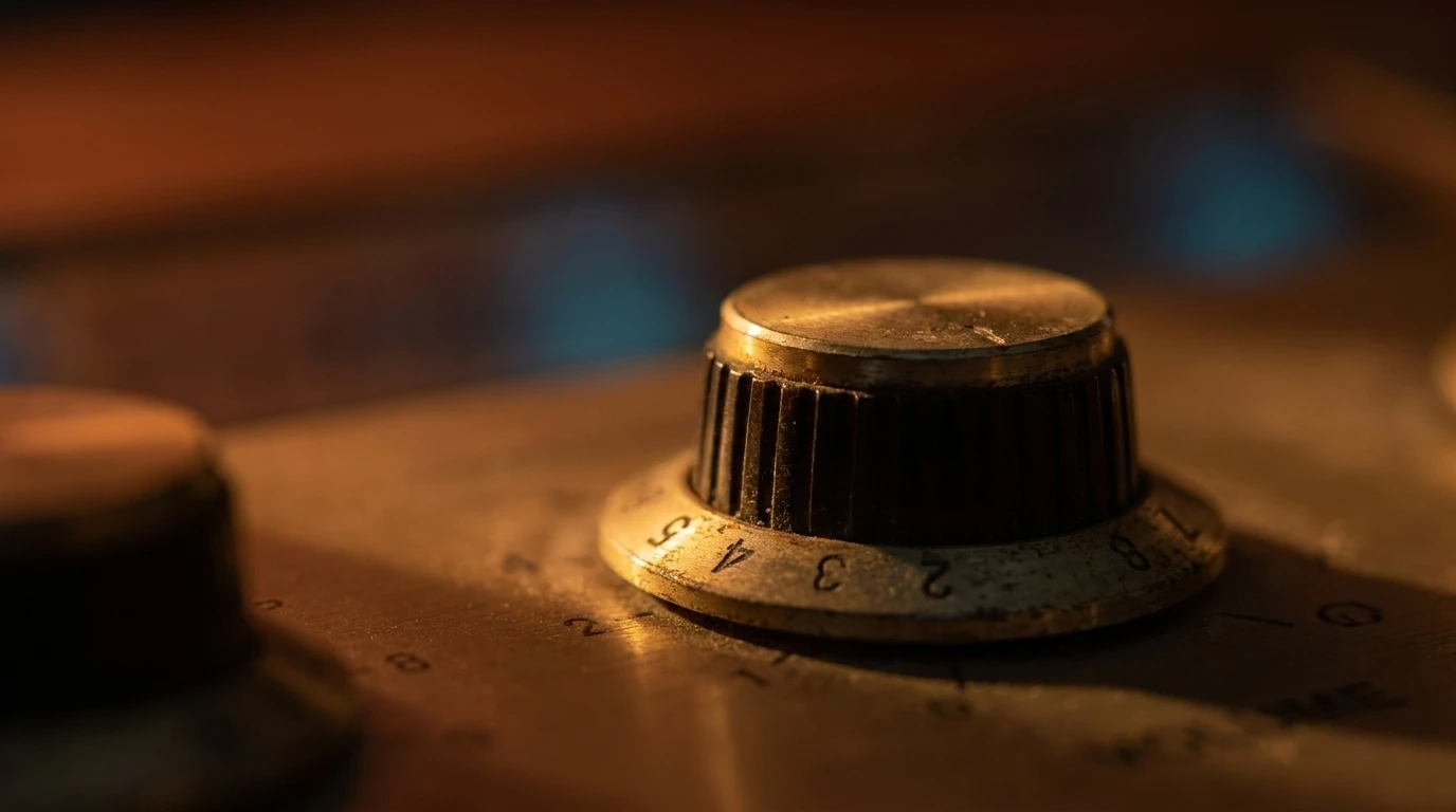 Perilla de volumen de un equipo de audio vintage en primer plano, con luz cálida lateral