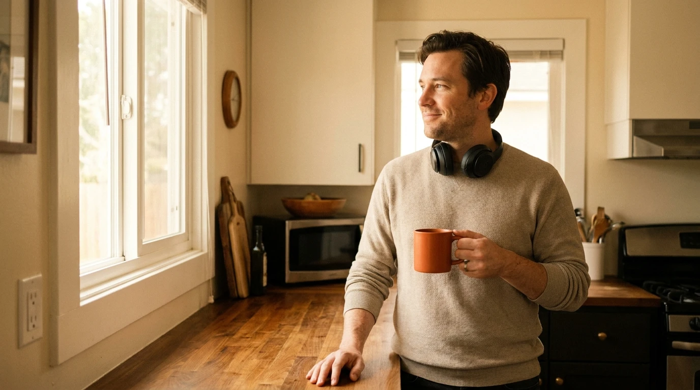 Persona con auriculares al cuello y una taza de café, tranquila, por la mañana